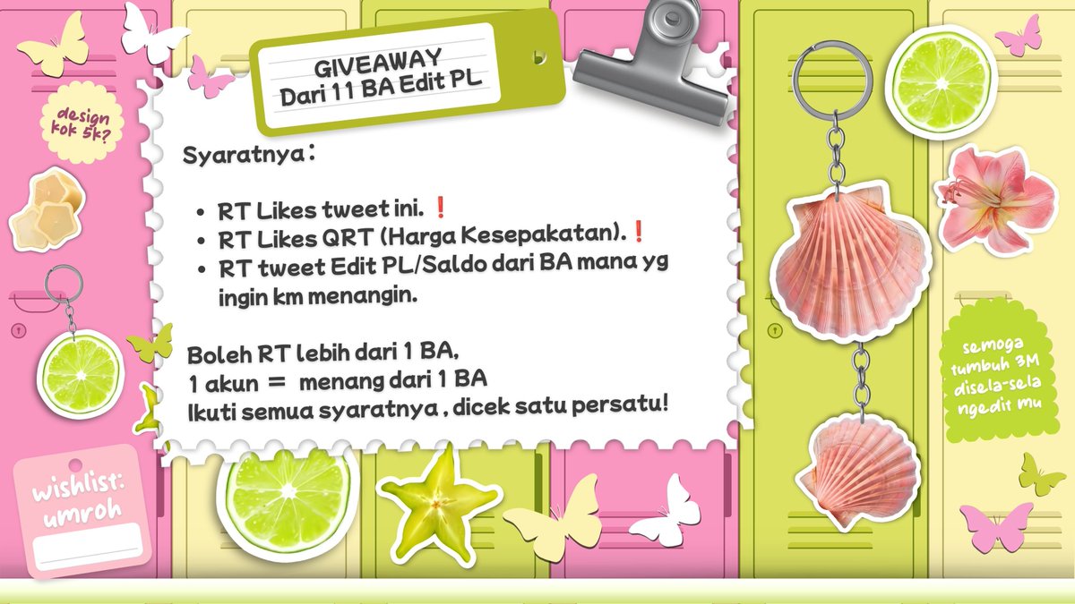 polici_editpl's tweet photo. Help retweet, please?
‼️ JANGAN LEWATKAN KESEMPATAN INI ‼️
Saatnya Percantik Set-up BA kamu GRATIS 
GIVEAWAY DARI 11 BA 🤩💗

— EDIT PL / PRICELIST (untuk 9 Winner)
— SALDO RP https://t.co/RzLHE3SPjs (untuk 2 Winner, 15K each)

Cek syarat &amp; buka thread nya! 
🥝 End 20 Sept 🤍 https://t.co/8JEaDbjAHq