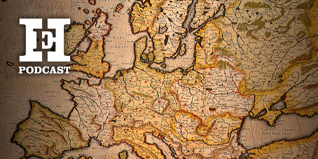 An antique-style map of Europe is shown, featuring various countries with detailed geographical features and borders. The HistoryExtra Podcast logo is on the top left.