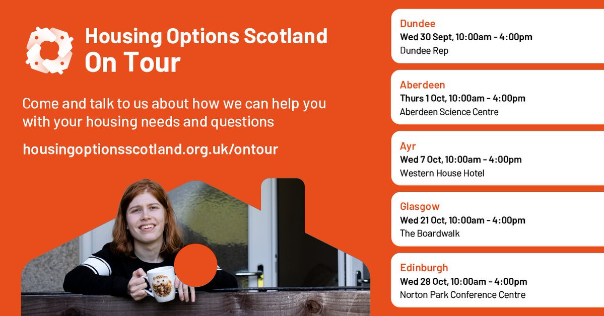 AdviceUK's tweet photo. Housing Options Scotland, the national charity that provides free information and advice to help disabled people, older adults and veterans to make informed decisions about housing, is going out on tour across Scotland this Autumn.

Wednesday 30 September - Wednesday 28 October 2026 

Dundee. Aberdeen. Ayr. Glasgow. Edinburgh. 

Come along to find out what your housing options are. 

Book your free place here ➡️ https://t.co/DM8kjnu0yj