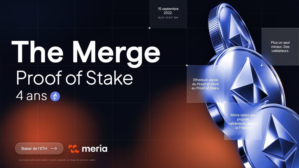 Meria_Finance's tweet photo. 🔵 Il y a quatre ans jour pour jour, Ethereum a changé de moteur en plein vol.

Le 15 septembre 2022, bloc 15 537 394 : The Merge.

👉 Le réseau abandonne le Proof of Work pour le Proof of Stake (des validateurs qui immobilisent 32 ETH pour sécuriser la chaîne).

Aucune interruption. Aucune transaction perdue. Et une consommation électrique en baisse d'environ 99,95 % (@ethereumfndn).

Ce jour-là, le staking est devenu la colonne vertébrale d'Ethereum. Depuis, chaque bloc est proposé et vérifié par des validateurs, pas par des mineurs.

🤝 Et pour eux, sécuriser le réseau a aussi un prix : des récompenses en ETH, générées simplement en immobilisant leurs tokens. Un mécanisme désormais accessible à tous, sans avoir à faire tourner un validateur soi-même.