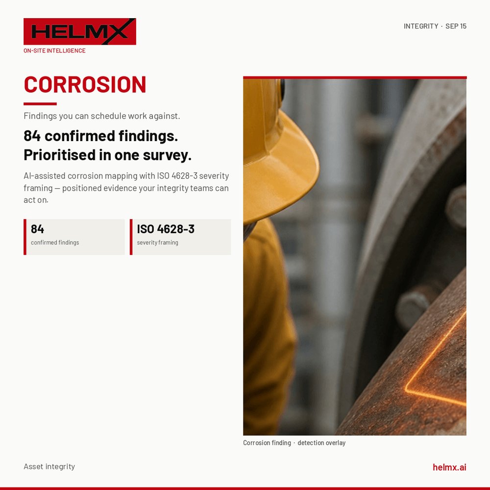 helmxai's tweet photo. Corrosion findings you can schedule work against.

84 confirmed findings in one survey. ISO 4628-3 severity framing. Positioned on the asset.

Brochure: https://t.co/jleDUBZcQ2