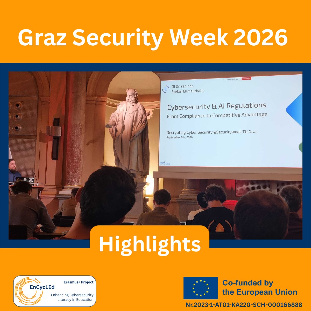 encycled_proj's tweet photo. Last week, during the Graz Security Week 2026 in Graz - Austria, partner @reach_twt had the opportunity to take part in the session about "Decrypting #Cybersecurity", co-organised by SILICON ALPS Cluster and JOANNEUM RESEARCH.

#EnCycLEd #Erasmusplus #ErasmusPlusProject #digital https://t.co/BwWIdGdPy0