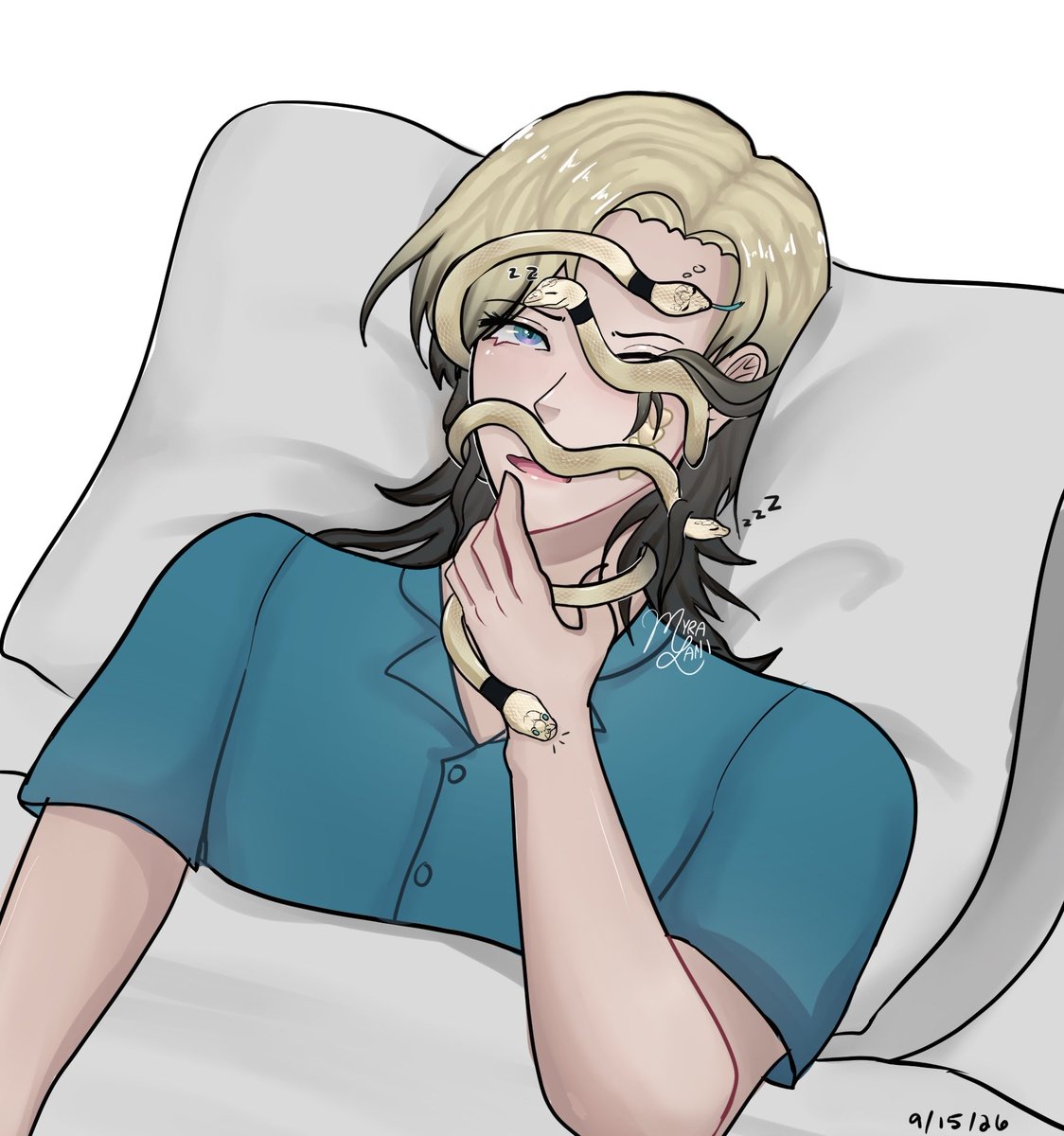 myralani_nature's tweet photo. He mentioned that sometimes when he woke up there would be the snakes on his face and I thought that was such a cute image I had to draw!!!!

Them 🥺💛🐍
#aurtistry https://t.co/oaHG3D31yq