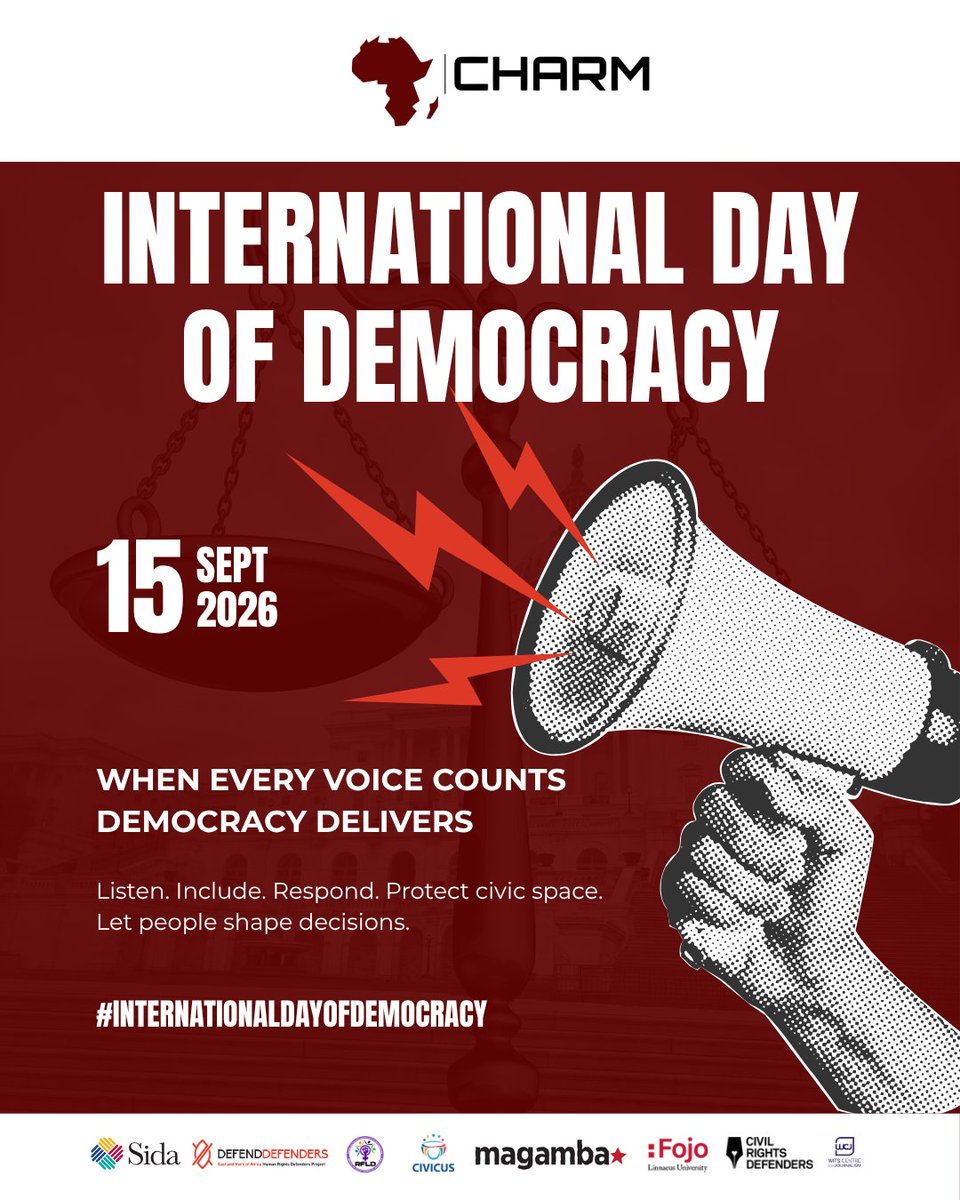 CharmAfric's tweet photo. A voice does not truly count simply because it is heard. It counts when it can influence decisions.

People cannot participate freely when civic space is restricted, journalists are censored or human rights defenders are targeted.

When every voice counts, democracy delivers.

#InternationalDayOfDemocracy 
#CHARMAfrica
