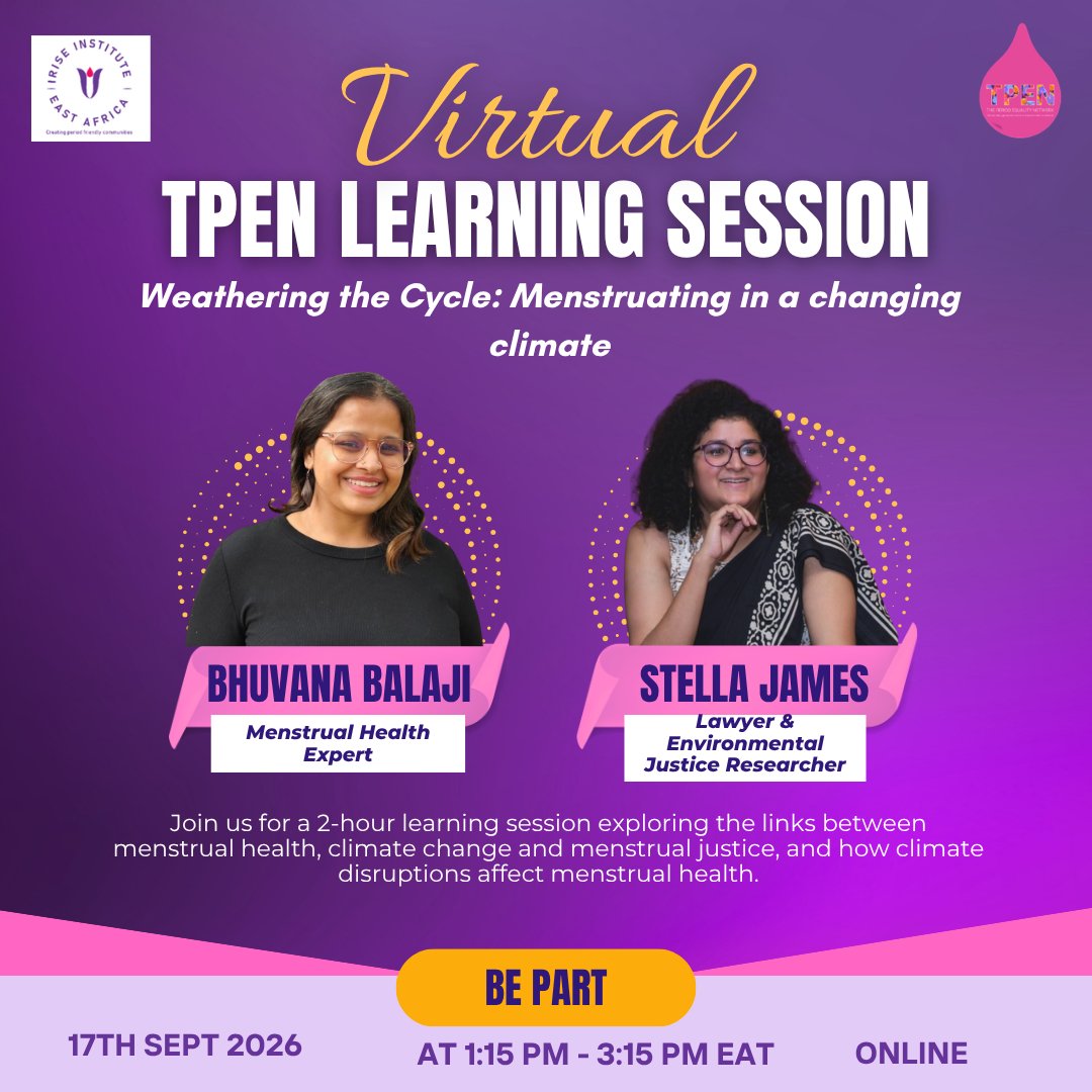 IriseEastAfrica's tweet photo. Climate change is a menstrual health issue.

How do climate-related disruptions affect access to menstrual products, water, sanitation, privacy and dignity?

Join us for a 2-hour learning session exploring the links between menstrual health, climate change and menstrual justice and what these connections mean for our advocacy and action.
Let’s strengthen our understanding and advance climate-responsive menstrual justice. @IriseInt 

Join us using the link below:
https://t.co/ihGTuHJ8DX
#MenstrualJusticeForAll
#PeriodEqualityEastAfrica