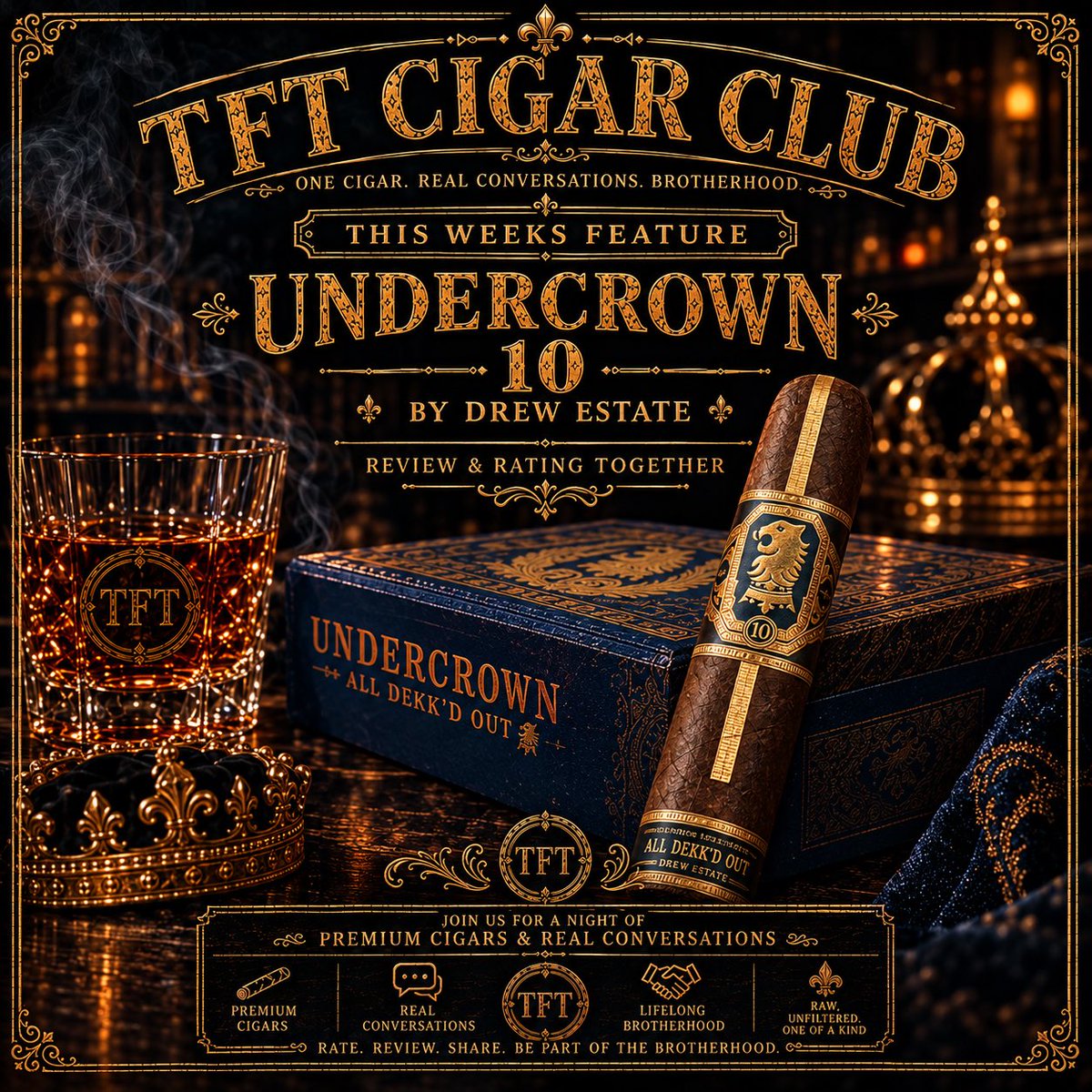 TFTCigars's tweet photo. This week, The Final Third Cigar Club is bringing something with a bit of a reputation to the table.

Our brothers will be lighting up, discussing, and putting the Drew Estate Undercrown 10 through its paces.

Join today - https://t.co/C8JvsWHIKk

#Cigar #CigarClub #CigarReview https://t.co/3MzMOrhqPt