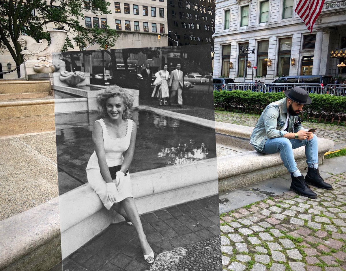 photochrono's tweet photo. Marilyn Monroe at Pulitzer Fountain 1957/2018 https://t.co/j2CkVKZzkm