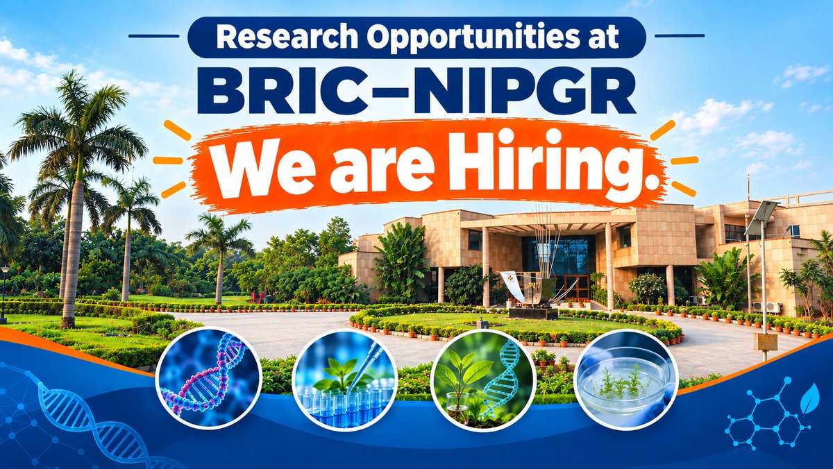 NIPGRsocial's tweet photo. Walk-in Interview
Monday, October 05, 2026, (9:30 a.m. onwards)
Post: Junior Research Fellow (JRF) 
Research Group: Dr. Senjuti Sinharoy
More details:
https://t.co/JNdP7ZiKMI
@DBTIndia @BricDbt @SciComm_India https://t.co/4eP2I6v3vb