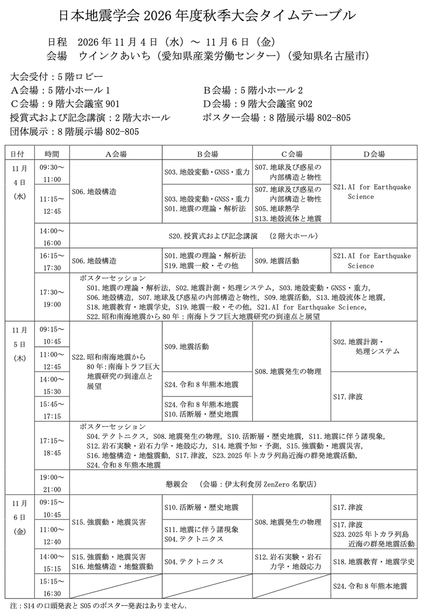 SSJ_Info's tweet photo. 日本地震学会 2026年度秋季大会のタイムテーブルが公開されました
https://t.co/fguxwkTQ2a https://t.co/j1fIM4ipbC