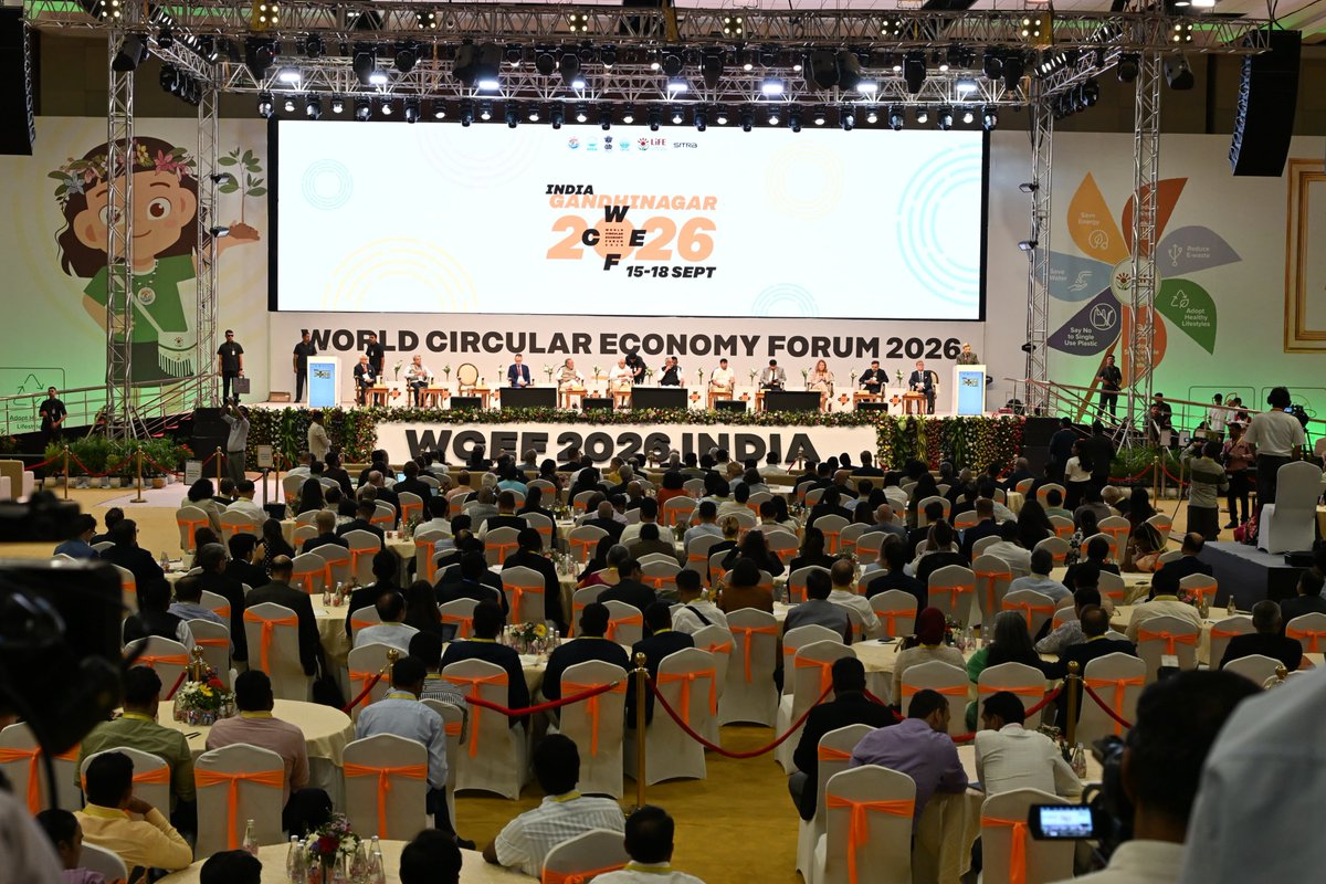 EnvironmentPib's tweet photo. Union Environment Minister &amp; Gujarat CM inaugurate World Circular Economy Forum 2026 at Gandhinagar

Repair before Replace, Reuse before Discard, Recover before Waste – India’s circularity ethos rooted in tradition: Shri @byadavbjp

📝 https://t.co/D8e8GLLrk6 https://t.co/QrifQUTeEs