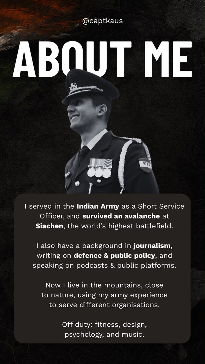 captkaus's tweet photo. Served with Honour in two Operations (OP MEGHDOOT &amp; OP SNOWLEOPARD) at two highly contested borders facing Pakistan as well as China.

Commanded specialized teams at 21,000ft. 

Now Applying the same Strategic Mindset to inform opinions and build new systems. https://t.co/gM8PWI2h5T