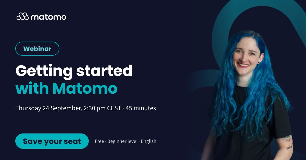 Smiling woman with blue hair promoting a beginner-level Matomo webinar on September 24 at 2:30 pm CEST, lasting 45 minutes.