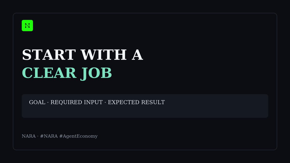 NaraBuildAI's tweet photo. Before an agent can use a service, the job has to be clear.

What should happen?

What counts as a good result?

What information is required to begin?

Clear tasks make better agent workflows possible.

#NARA #AgentEconomy https://t.co/QajE4fTDfW