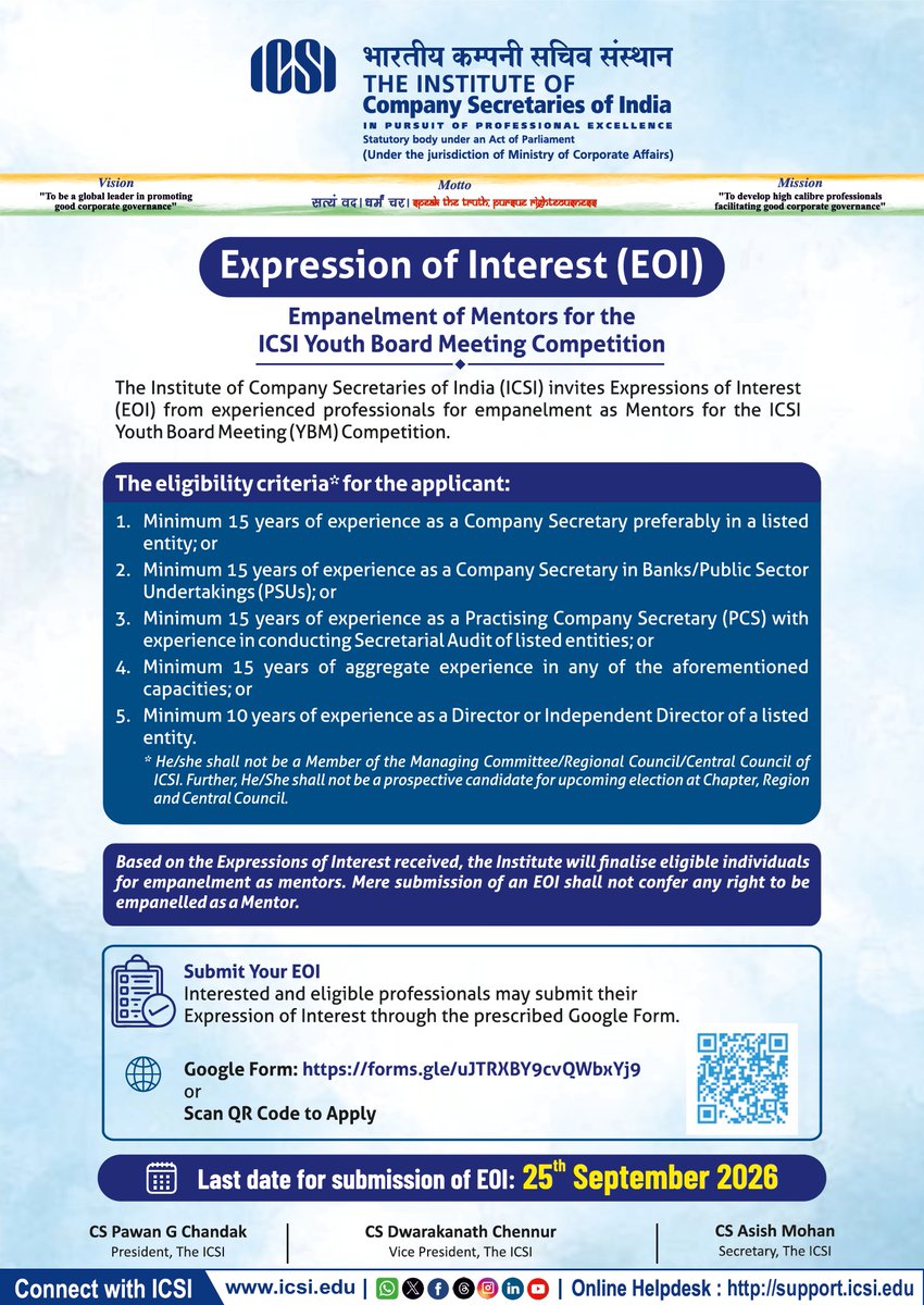 icsi_cs's tweet photo. #ICSI invites Expression of Interest for Empanelment of Mentors for the #ICSI Youth Board Meeting Competition @ https://t.co/P9lm9lXHKU #YBM https://t.co/eqSQX4tyvG