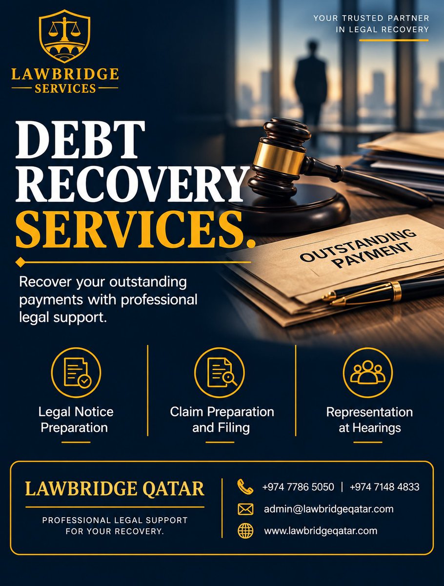 lawbridgeqatar's tweet photo. LawBridge Qatar provides professional legal support for debt recovery matters, helping clients navigate the appropriate legal procedures in Qatar.

📞 +974 7786 5050 | +974 7148 4833
📧 admin@lawbridgeqatar.com

#DebtRecovery #LegalServices #QatarLaw #DebtClaim #LegalSupport https://t.co/WdJ6ESH5pD