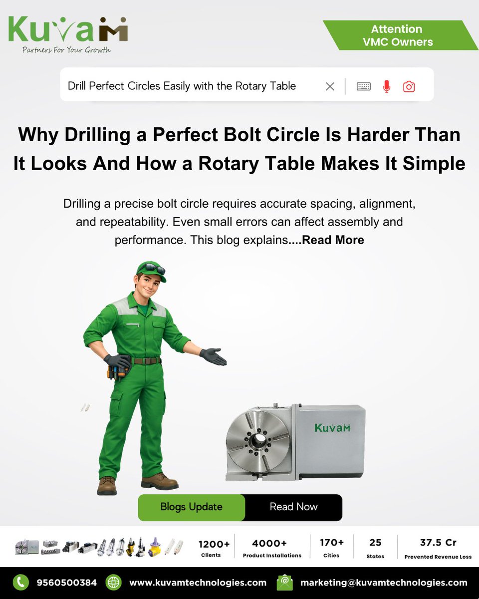 kuvamTechnology's tweet photo. How a Rotary Table Makes It Simple to Drill a Perfect Bolt Circle ⚙️🔄
Read the complete blog to learn how a Rotary Table can make bolt-circle drilling faster, simpler, and more accurate. 📃 Link in the comments. 👇
#rotarytable #IncreaseProductivity #rotarytableforvmc https://t.co/leIuNIy3WM