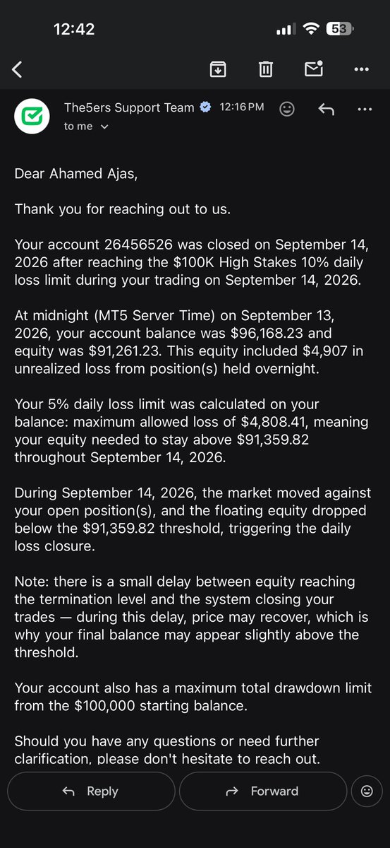 Ajas_FX's tweet photo. Instead, I received a response ~30 hours later simply confirming the breach.

Meanwhile, the trade subsequently reached my TP for approximately +3%.

@The5ers, I am asking for the actual MT5 price, Bid/Ask, timestamp and P&L calculation that produced the alleged -$4,907 loss.

If this was a pricing/system error, the account and legitimate TP profit should be restored.