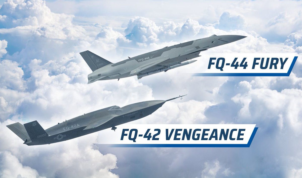 DefenseMirror's tweet photo. U.S. Air Force Names Its New Collaborative Combat Aircraft ‘Vengeance’ and ‘Fury’::
https://t.co/5udRzGhYFT
#USAirForce #CCA #CollaborativeCombatAircraft #FQ42 #Vengeance #FQ44 #Fury #Anduril #GeneralAtomics #MilitaryAviation #Defense #AirPower #AutonomousSystems #UnmannedAircraft #AviationNews #AFANational