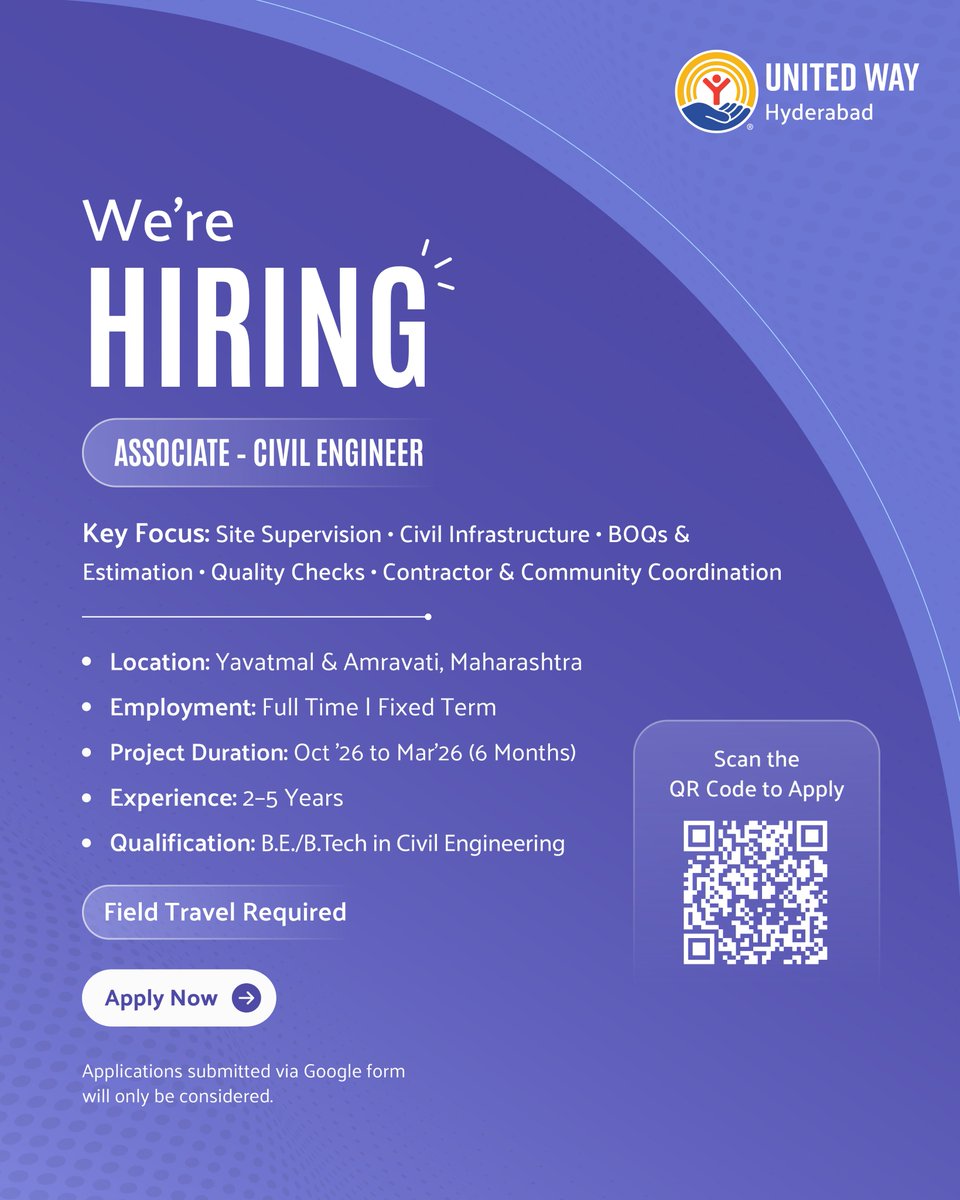 unitedwayhyd's tweet photo. We’re Hiring | Associate - Civil Engineer
Join our Community Impact team to support infrastructure &amp; water conservation projects across Yavatmal &amp; Amravati, Maharashtra.

To Apply: https://t.co/gNt0bcBQAx

#Hiring #CivilEngineer #Jobs #Careers https://t.co/PnPBO9jFZ0