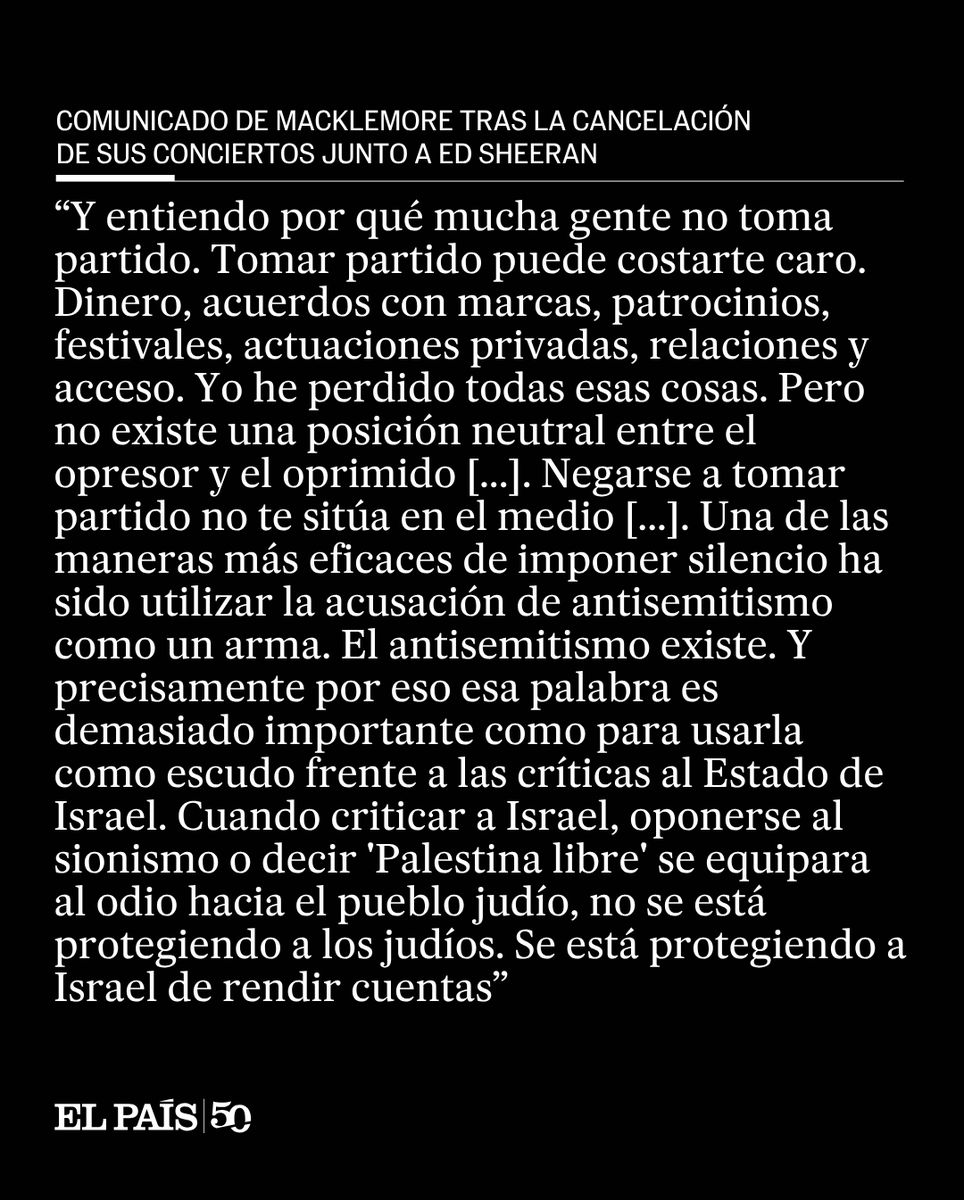 el_pais's tweet photo. El boicot a Macklemore por su defensa de Palestina termina con el artista fuera de la gira de Ed Sheeran. Esta es la traducción del comunicado que el rapero ha publicado en sus redes https://t.co/9J3tyqgYPA https://t.co/EJCNPKw3La