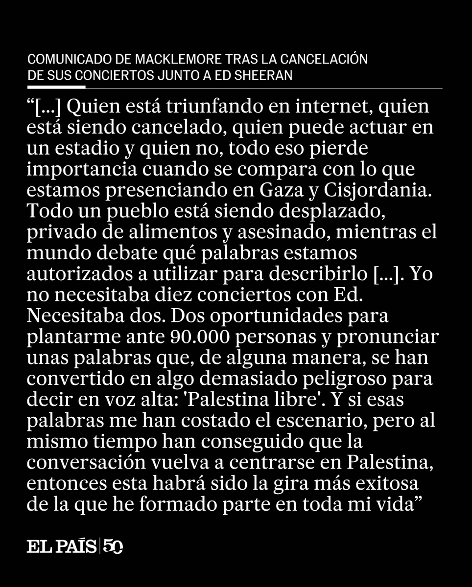 el_pais's tweet photo. El boicot a Macklemore por su defensa de Palestina termina con el artista fuera de la gira de Ed Sheeran. Esta es la traducción del comunicado que el rapero ha publicado en sus redes https://t.co/9J3tyqgYPA https://t.co/EJCNPKw3La