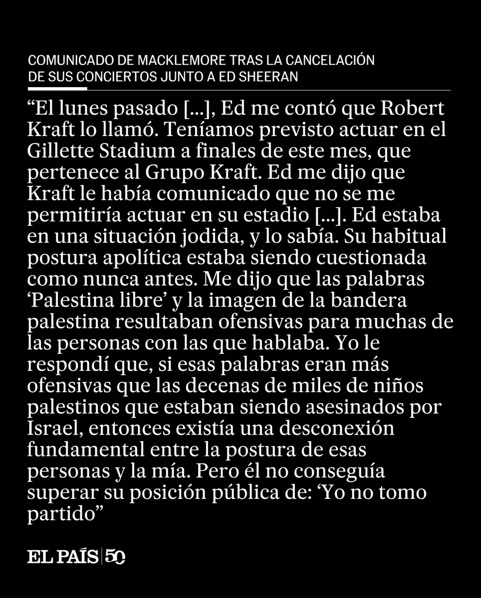 el_pais's tweet photo. El boicot a Macklemore por su defensa de Palestina termina con el artista fuera de la gira de Ed Sheeran. Esta es la traducción del comunicado que el rapero ha publicado en sus redes https://t.co/9J3tyqgYPA https://t.co/EJCNPKw3La