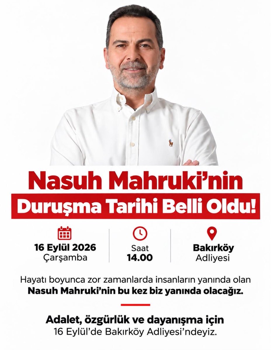 yvzah's tweet photo. Yarın (16 Eylül 2026 Çarşamba günü) 14.00’te Nasuh Mahruki’nin duruşması için Bakırköy Adliyesinde olacağım. Hukuk devletini savunma adına dostları  desteğe bekliyorum. https://t.co/YQwI0ANndc