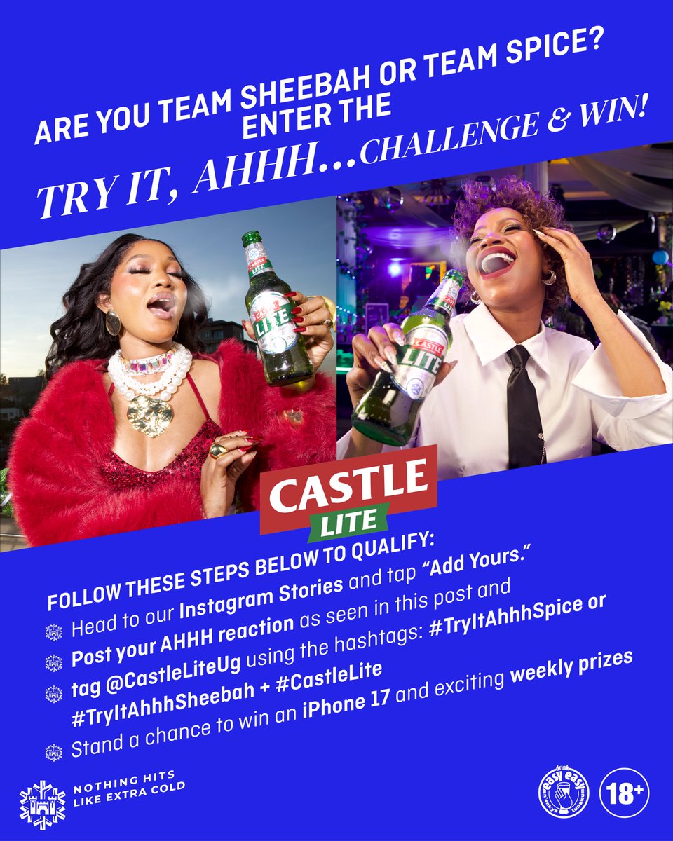 CastleLiteUg's tweet photo. Are you Team @sheebaholics or Team @TheSpicegadgets ? 

The AhhhChallenge is still on, and we’re taking it to our Instagram Stories!

Tap Add Yours, show us your best Ahhh reaction and stand a chance to win an iPhone 17 plus exciting weekly prizes. 

PS: We’re looking for that Ahhh! reaction! 

CastleLite TryItAhhh AhhhChallenge