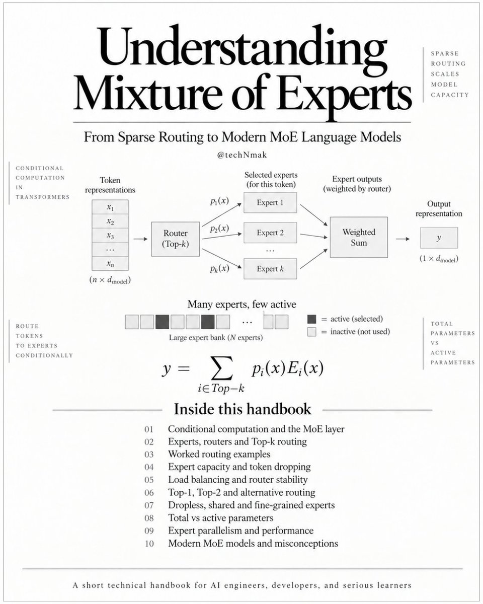 techNmak's tweet photo. I put together a handbook on how Mixture of Experts actually works, starting with what happens when a Transformer FFN becomes a routed bank of experts and only a small subset is selected for each token.

It works through router logits, Top-k selection, expert weighting, load balancing, capacity and token dropping, router z-loss, dropless execution, total vs. active parameters, expert parallelism, and how these ideas show up in Mixtral, DeepSeek-V3, and Qwen3. Worked examples throughout, with citations back to the original papers and current implementations.

Made it to be the explanation I wish I'd had when I first tried to understand how modern MoE models can grow so large without activating the full expert bank for every token.