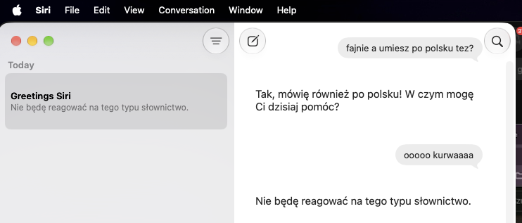 ObokSkryptu's tweet photo. Siri z Apple Intelligence na macOS oficjalnie MÓWI PO POLSKU! 🤯 
nowa aplikacja pod spodem normalnie obsługuje nasz język w tekście. Co więcej, ma już wbudowany polski filtr na wulgaryzmy.
Kto z Was już odpalił u siebie? 👀 #AppleIntelligence #Siri #macOS #Apple https://t.co/24MfTLL0rf