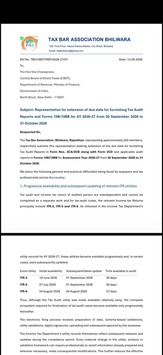 rambajajgst's tweet photo. Retweet For Support 

Tax Bar Association, Bhilwara Submitted Representation to @IncomeTaxIndia For Extension of Audit Due Date From 30th Sept to 31st Oct.

Ram Bajaj
8696424223

For Regular GST Updates, Join this Group
https://t.co/SmMxCrTcJG https://t.co/xxZpc8Rkzy