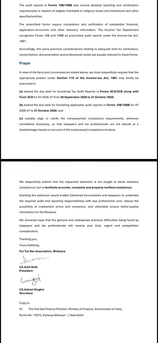 rambajajgst's tweet photo. Retweet For Support 

Tax Bar Association, Bhilwara Submitted Representation to @IncomeTaxIndia For Extension of Audit Due Date From 30th Sept to 31st Oct.

Ram Bajaj
8696424223

For Regular GST Updates, Join this Group
https://t.co/SmMxCrTcJG https://t.co/xxZpc8Rkzy