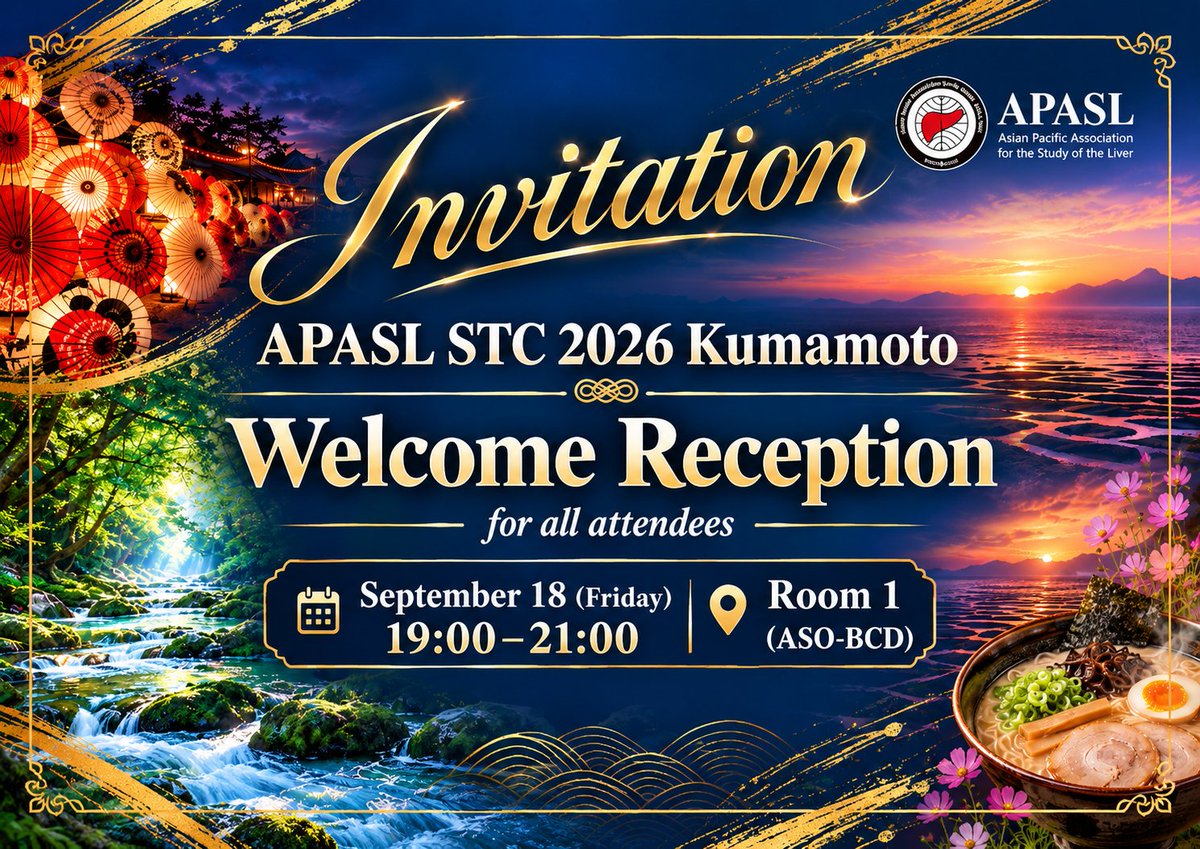 APASLnews's tweet photo. APASL STC 2026 Kumamoto is JUST around the corner!! 🎉
Please don’t forget to join us for the Welcome Reception on September 18!
🕖 19:00–21:00
📍 Room 1
We look forward to welcoming you with plenty of food, drinks, and entertainment!
See you soon in Kumamoto!! https://t.co/inpeRMDnFW