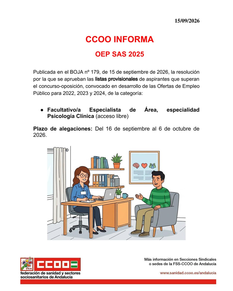 fssccooand's tweet photo. 📌 CCOO Informa - OPE SAS

📑 Listados provisionales de aspirantes que superan el concurso-oposición de la categoría:

➡ FEA #Psicología Clínica

🗓 Se abre plazo de alegaciones

💻 Consulta la resolución:
https://t.co/lfzfwtrlZG

#CCOOTuSolución #Sanidad #Andalucía https://t.co/JTq4gD5LlE