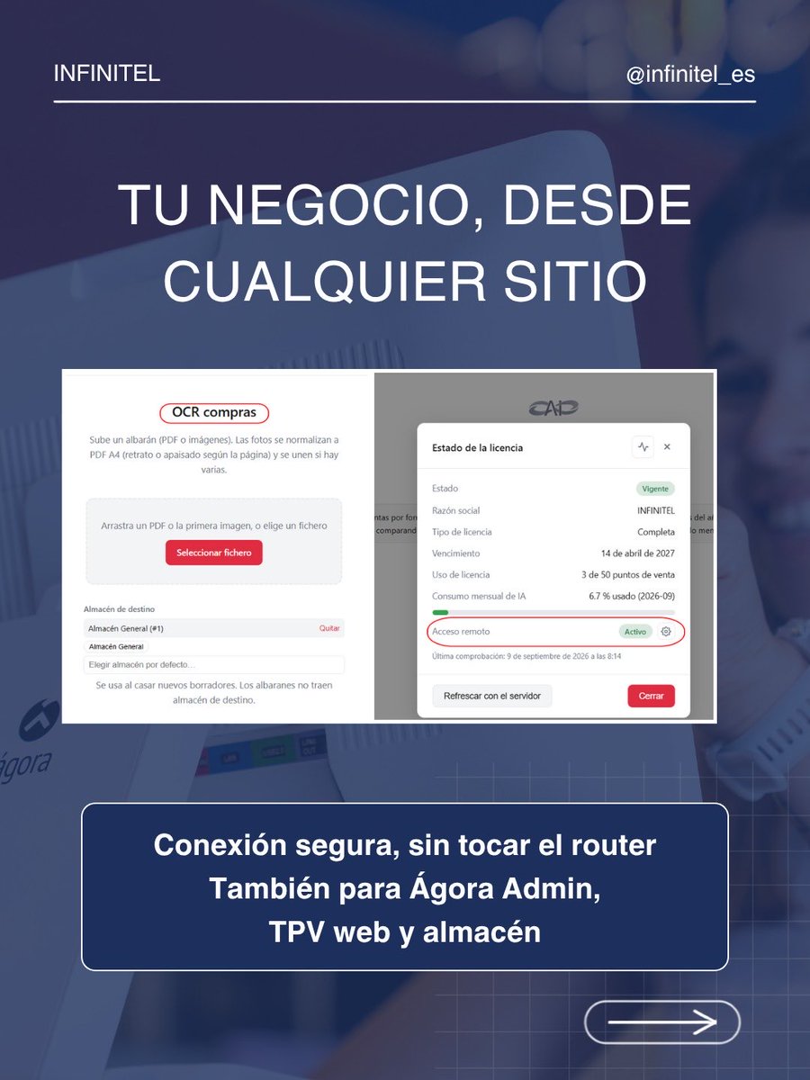 Infinitel_es's tweet photo. Smart AI 1.4.0 ya está disponible 🚀

 Haz una foto del albarán y la IA lo pasa a Ágora línea a línea. Además, acceso remoto seguro sin tocar el router y nuevos análisis de ventas, escandallos y líneas canceladas. 

Te lo contamos todo aquí: https://t.co/DWrqfiedFL

#SmartAI https://t.co/yRIgIzP6vJ