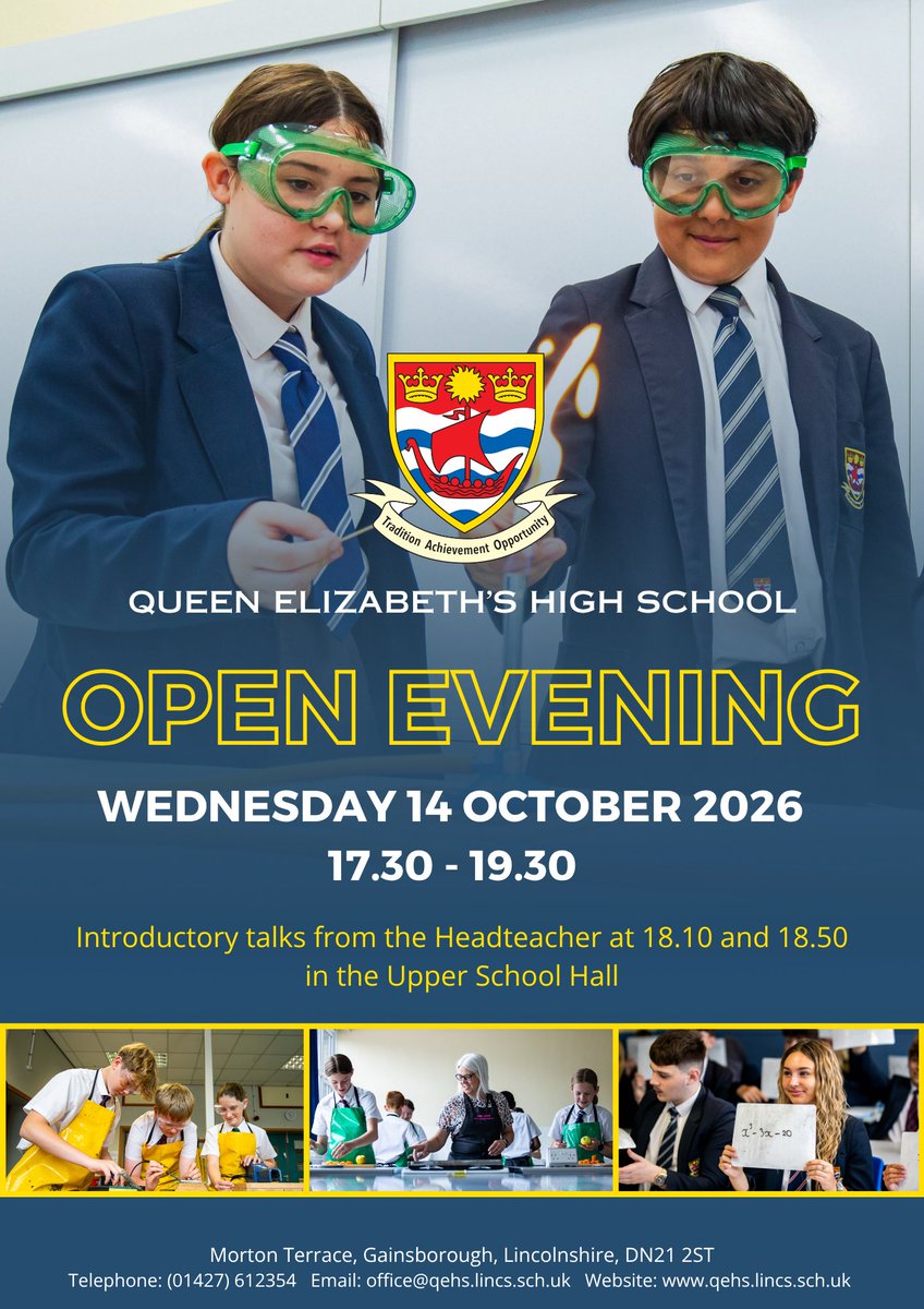 QueenElizHigh's tweet photo. Our Open Evening will take place on Wednesday 14 October 2026. Set the date in your diary and come and explore what we have to offer! #OpenEvening2026 https://t.co/fMAaUBWiUp