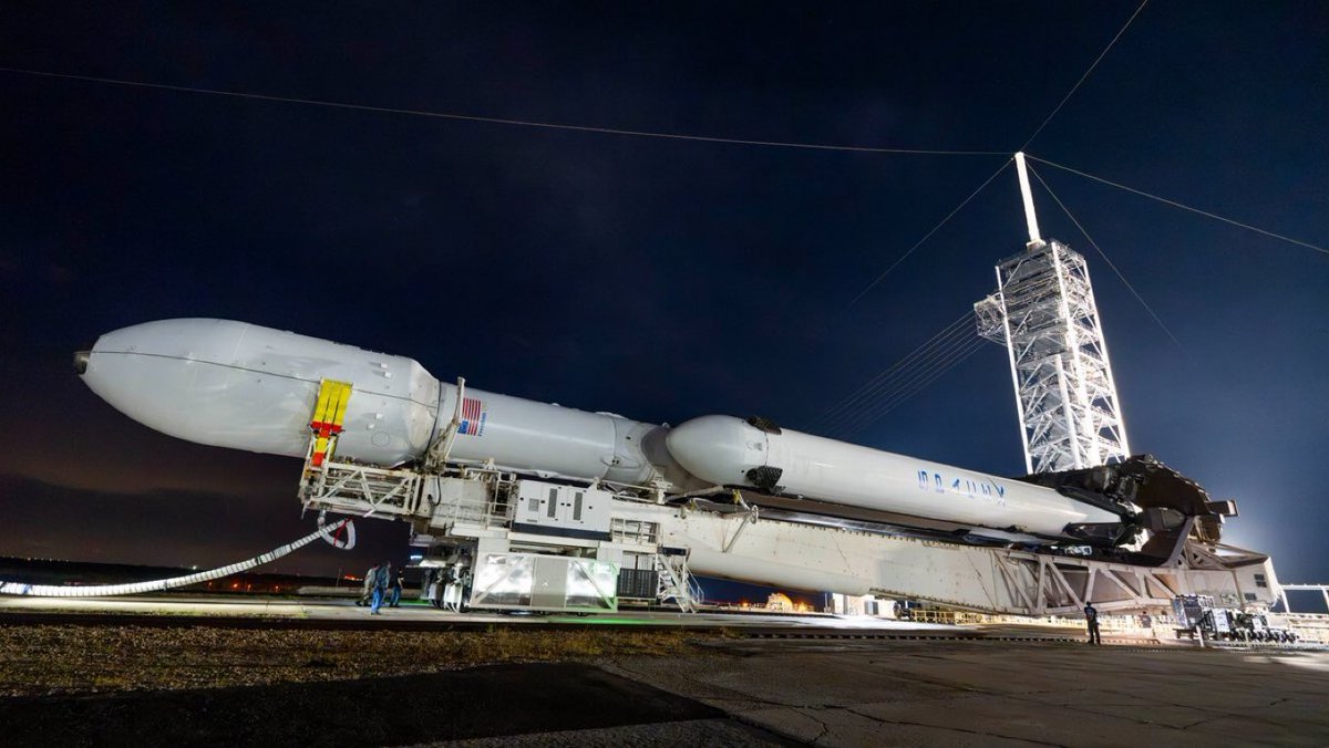 Quinn_Patt's tweet photo. Falcon Heavy rolled out to the launch pad at 39A for @NASA’s Roman Space Telescope mission early this morning https://t.co/O2f3fpHGVG
