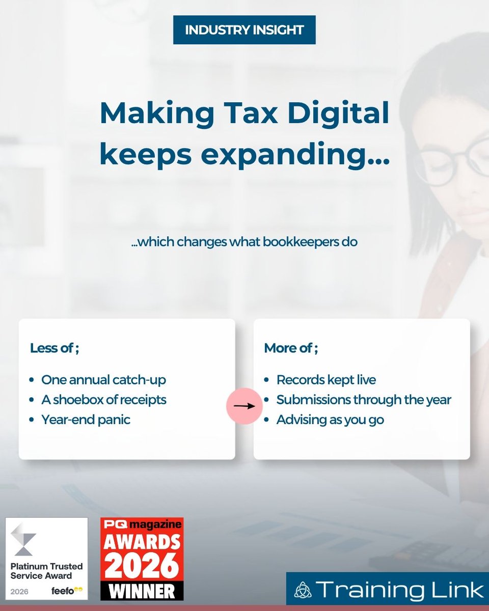 TrainingLinkUK's tweet photo. Making Tax Digital has changed the way bookkeepers work.
Records are kept live, submissions happen through the year, & clients need advice as they go.
More work, more often, for people trained to do it.
➡️ Explore #ICB #Bookkeeping: https://t.co/Zt37tlTl5N
#DistanceLearning https://t.co/UENkvR1GgO