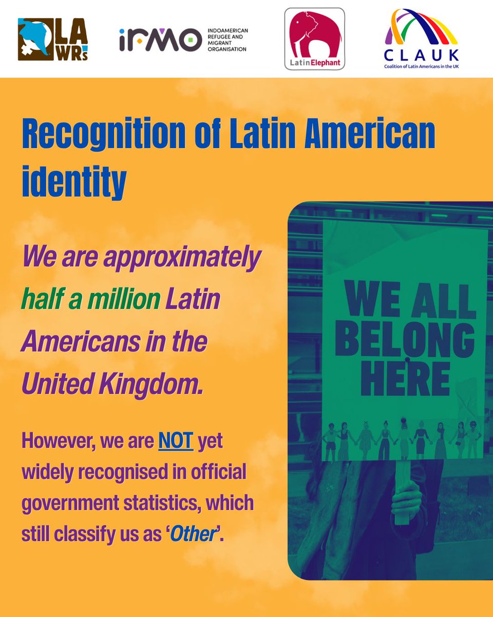 lawrsuk's tweet photo. Today marks the beginning of Latin American Heritage Month, a month to commemorate our community, its culture and history. We want to highlight the campaign for the recognition of ‘Latin American’ as an identity here in the UK. (1/3)
@IRMOLondon - @LatinElephant - @CLAUK_Org https://t.co/A9o6qArHNU