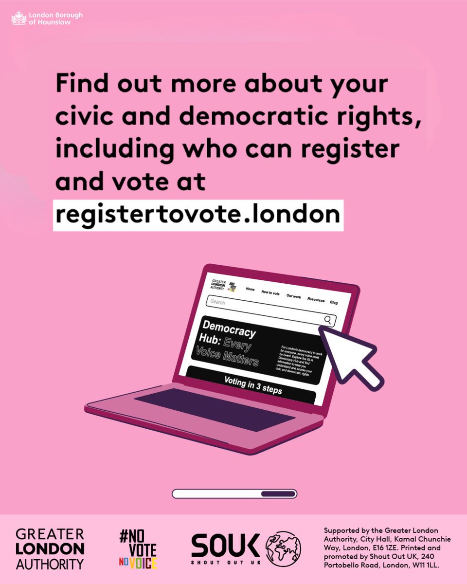 LBofHounslow's tweet photo. Weโre joining the eighth annual London Voter Registration Week with @LDN_gov, @shoutout_UK
ย
Take a moment on #InternationalDayOfDemocracy and #RegisterToVote at https://t.co/x00tjcNICu!
ย
#LVRW2026 #NoVoteNoVoice https://t.co/Q3MijV6U21