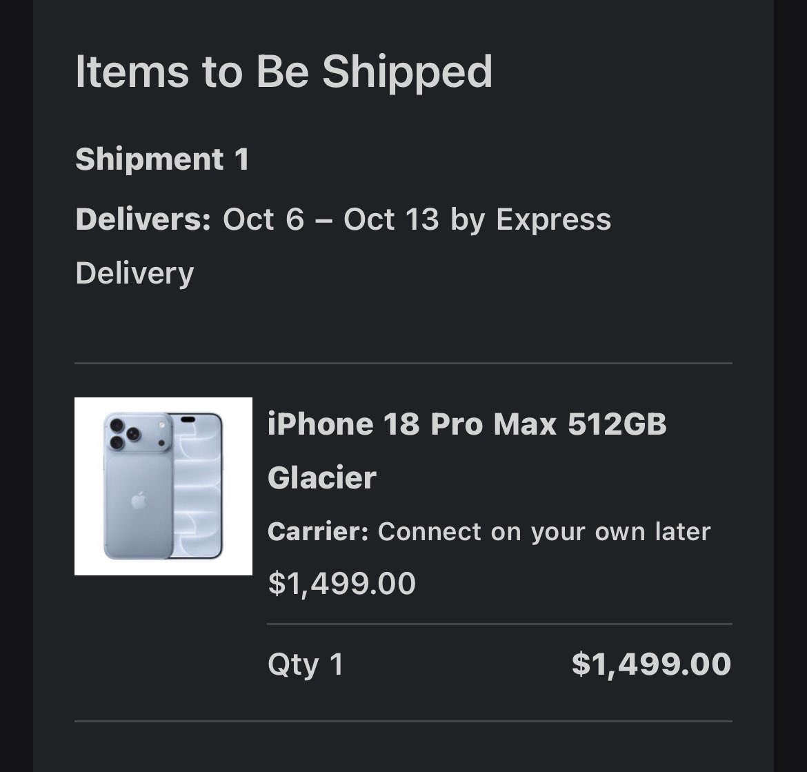 dbayexquisite's tweet photo. Preorder Update:

iPhone 18 Pro Max 256GB Burgundy ✅

iPhone 18 Pro Max 512GB Glacier ✅

Thank you for shopping with DbayExquisite!! 🧡 https://t.co/xkWnE5LMhX