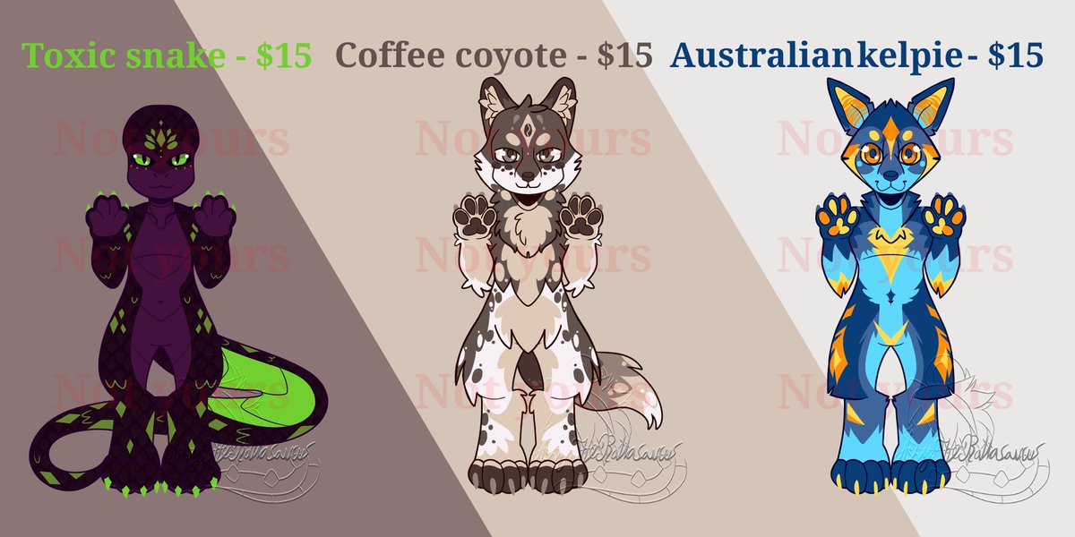 AshTheRattasaur's tweet photo. Adopt batch

🥀**Toxic snake** - $15usd🐍

☕️ **Coffee coyote** - $15usd🐺
🐕 **Australian kelpie** - $15usd🌻

$115 = I will make you a full reference sheet and grant you commercial rights 
https://t.co/uUfpEJGvbY

#Adopt #Adoptable #Adopts #Adoptables #Furry #Fursona https://t.co/vRprf7NHxh