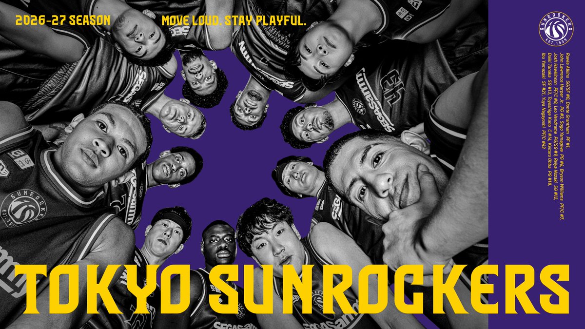 TokyoSunrockers's tweet photo. 📢MOVE TOKYO. 36 ACTIONS 
【　ACTION 2⃣7⃣   】
#東京サンロッカーズ 
2026-27シーズン キービジュアルを公開🏀🟣🟡

🔗https://t.co/JrVySJ7y6o

#Bリーグ https://t.co/Se4CzJ6lNm