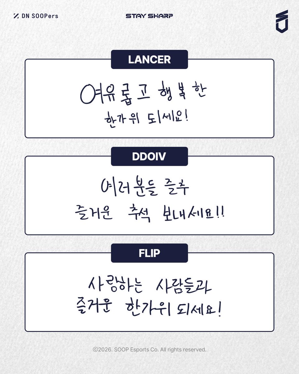 SOOPers_LoL's tweet photo. DN 수퍼스 LoL CL팀 선수들의 추석 인사가 도착했습니다🌕💌
풍성한 한가위 되세요💙

#STAYSHARP #DNS #DNSWIN https://t.co/U1ReOIblON