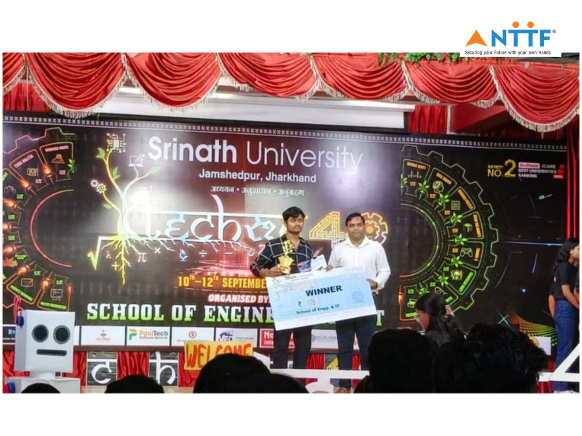 NTTFindia's tweet photo. Proud moment for NTTF Jamshedpur (RNTC) at Tech Root 4.0, Srinath University!
Our trainees won:
π₯ Website Design - Ankush & Cybersecurity - Rajeev & Suprabha
π₯ Poster - Sapna & Namrata, Logo - Anmol, Sudoku - Shubham
π₯ Sudoku - Akshay
Congratulations! #NTTF #TechRoot4 https://t.co/fQliOXRWNR