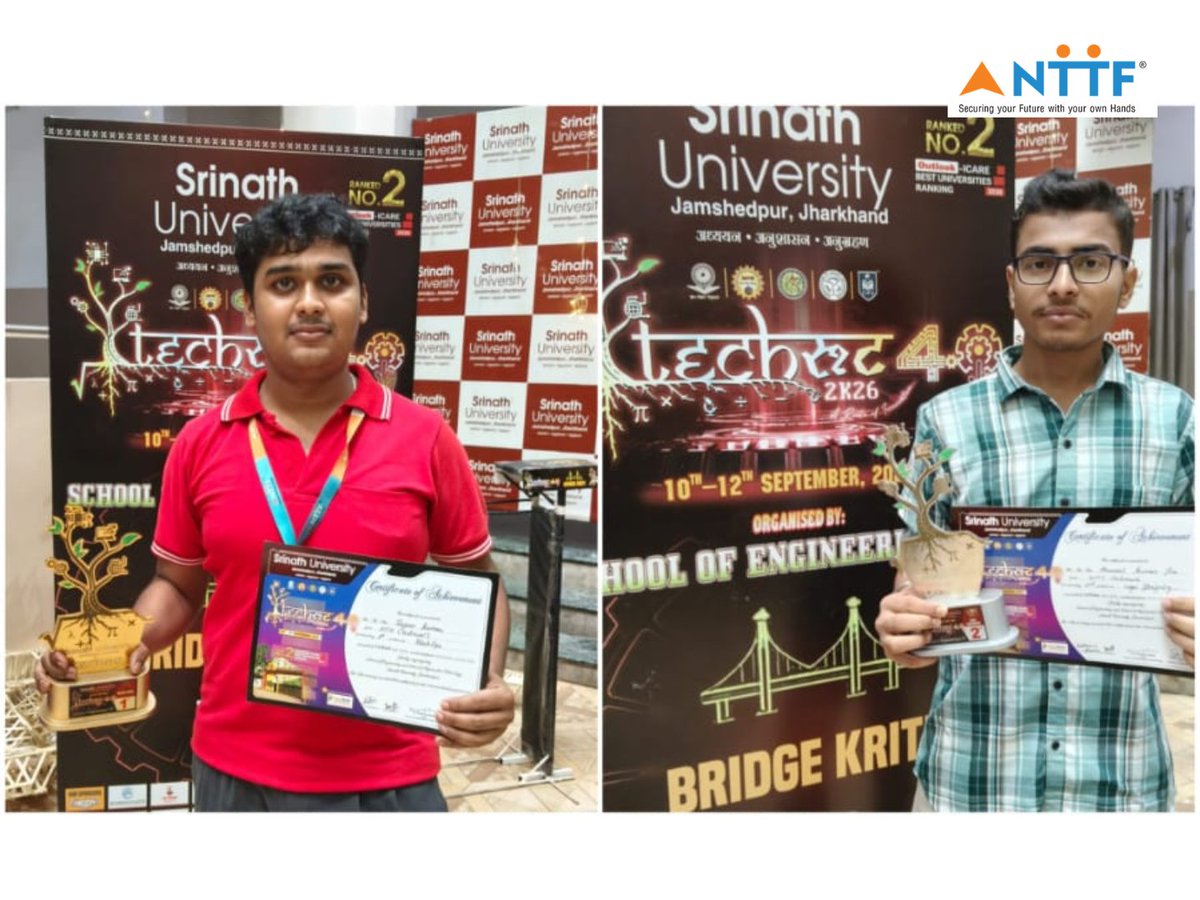 NTTFindia's tweet photo. Proud moment for NTTF Jamshedpur (RNTC) at Tech Root 4.0, Srinath University!
Our trainees won:
π₯ Website Design - Ankush & Cybersecurity - Rajeev & Suprabha
π₯ Poster - Sapna & Namrata, Logo - Anmol, Sudoku - Shubham
π₯ Sudoku - Akshay
Congratulations! #NTTF #TechRoot4 https://t.co/fQliOXRWNR