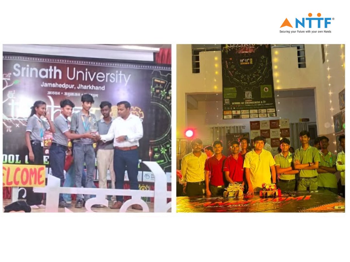 NTTFindia's tweet photo. Proud moment for NTTF Burma Mines (BNTC) at Tech Root 4.0, Srinath University!
Our trainees secured:
π₯ Working Model & Robo War (1st & 2nd)
π₯ Tech Quiz & Photography (3rd)
Congrats to all winners - hands-on learning in action!
#NTTF #TechRoot4 https://t.co/7Ta1H0ZEqr