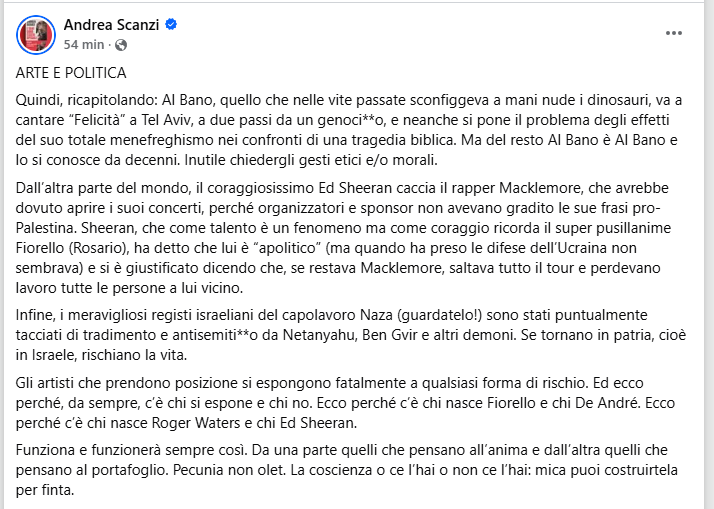 Moonlightshad1's tweet photo. "Gli artisti che prendono posizione si espongono fatalmente a qualsiasi forma di rischio. Ed ecco perché, da sempre, c’è chi si espone e chi no. Ecco perché c’è chi nasce Fiorello e chi De André. Ecco perché c’è chi nasce Roger Waters e chi Ed Sheeran". https://t.co/wz5VtXFH8D