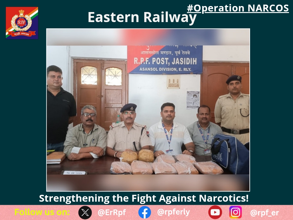 ErRpf's tweet photo. On 14.09.2026, RPF Officials of Jasidih Post &amp; CIB/Jasidih recovered 7.05 Kgs. Narcotic Substances (Ganja), valued Rs.3,52,500/- from Deoghar Railway Station for suspicious &amp; handed over to local P.S/Deoghar for further legal action.
#OpeartionNarcos
@RPF_INDIA 
@RailMinIndia https://t.co/mka6poWhAk