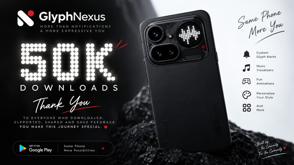 techienthusiast's tweet photo. 50K downloads. โค๏ธ
Honestly, I never expected GlyphNexus to reach this point.
Thank you to everyone who downloaded it, shared it, tested it, reported bugs, suggested ideas, or simply gave it a try.
Thank you for being here.
#GlyphNexus #nothingcommunity @getpeid https://t.co/wj9tK51pvr